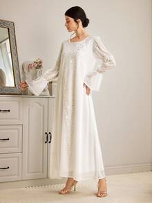 Al Najma 女士优雅雪纺拼接圆领阿拉伯风格连衣裙，秋季 - 白色 - 查看 5