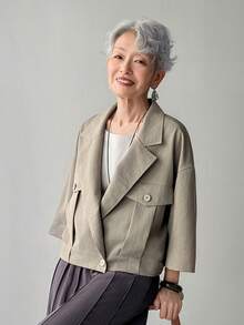 FRIFUL 女士休闲翻领落肩宽松短款外套，适合春秋季日常通勤 - 灰色 - 查看 7