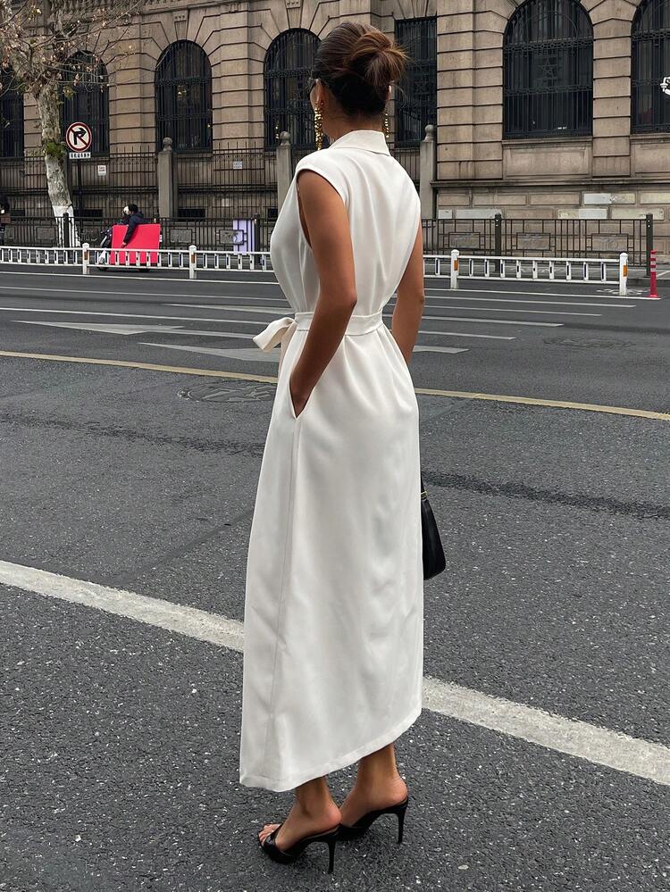 White Collar Tie-Waist Sleeveless Women's Regular Jacket, Elegant For Party, Spring & Summer