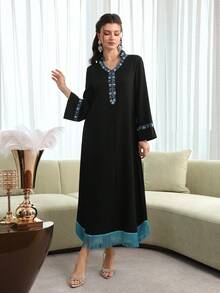 Layrah Comfortable Handmade Rhinestone Beaded Tassel Contrast Color Robe Robe - Black - View 6