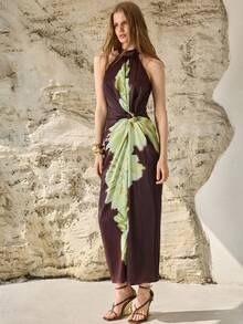 MOTF PREMIUM WOMEN'S SLEEVELESS PRINTED LONG DRESS, SPRING/SUMMER - Dark Brown - View 4