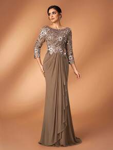 Serin Elegant Embroidered Lace Beaded Diamond Splice Elastic Knit Sheer Sleeve Ruffle Hem Mermaid Hem Dress, Suitable For Wedding, Gala, Evening Events - Mocha Brown - View 2