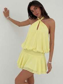 Aloruh Women's Elegant Light Yellow Halter Tie Waist Mini Dress,Summer Dress,Vacation Dress - Yellow - View 7