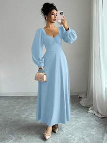 Elenzga Đầm maxi nữ thanh lịch, dáng rộng, cổ vuông, tay cánh hoa, thích hợp cho việc đi làm hàng ngày. - Màu xanh lam - Xem 7