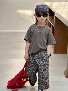 DAZY Young Boy Casual Fashion Street Daily Commute Letter Embroidery Dropped Shoulder Loose T-Shirt And Leopard Print Wide Leg Pants Set, Spring/Summer/Autumn - Dark Grey - View 4