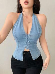 ICON Top halter de mezclilla elástico y sin mangas sexy para mujer, corsé azul, top de verano lindo - Lavado ligero - Ver 3