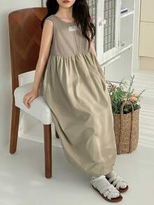 DAZY Tween Girl Sleeveless Knit Patchwork Letter Print Dress, Casual Daily Style Summer - Khaki - View 6