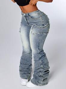 Flirla Jeans slim évasé avec poche de couleur contrastée, grande taille - Bleu azur - Voir 3