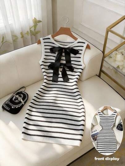 SHEIN Franclia Women's Sleeveless Knit Dress With Bow Tie Decoration And Stripes