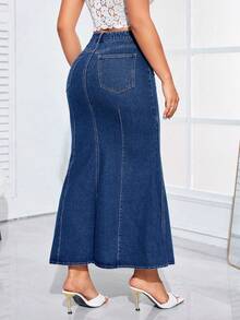 SHEIN Privé Women's Elegant High Waist Fishtail Hem Denim Skirt - Dark Wash - View 2