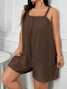 EMERY ROSE Plus Size Women's Summer Solid Color Simple Daily Wear Romper With Straps Short Summer Dresswomen Romperblack Dress Shortromper Dressshort Jumpsuit - Coffee Brown - View 6