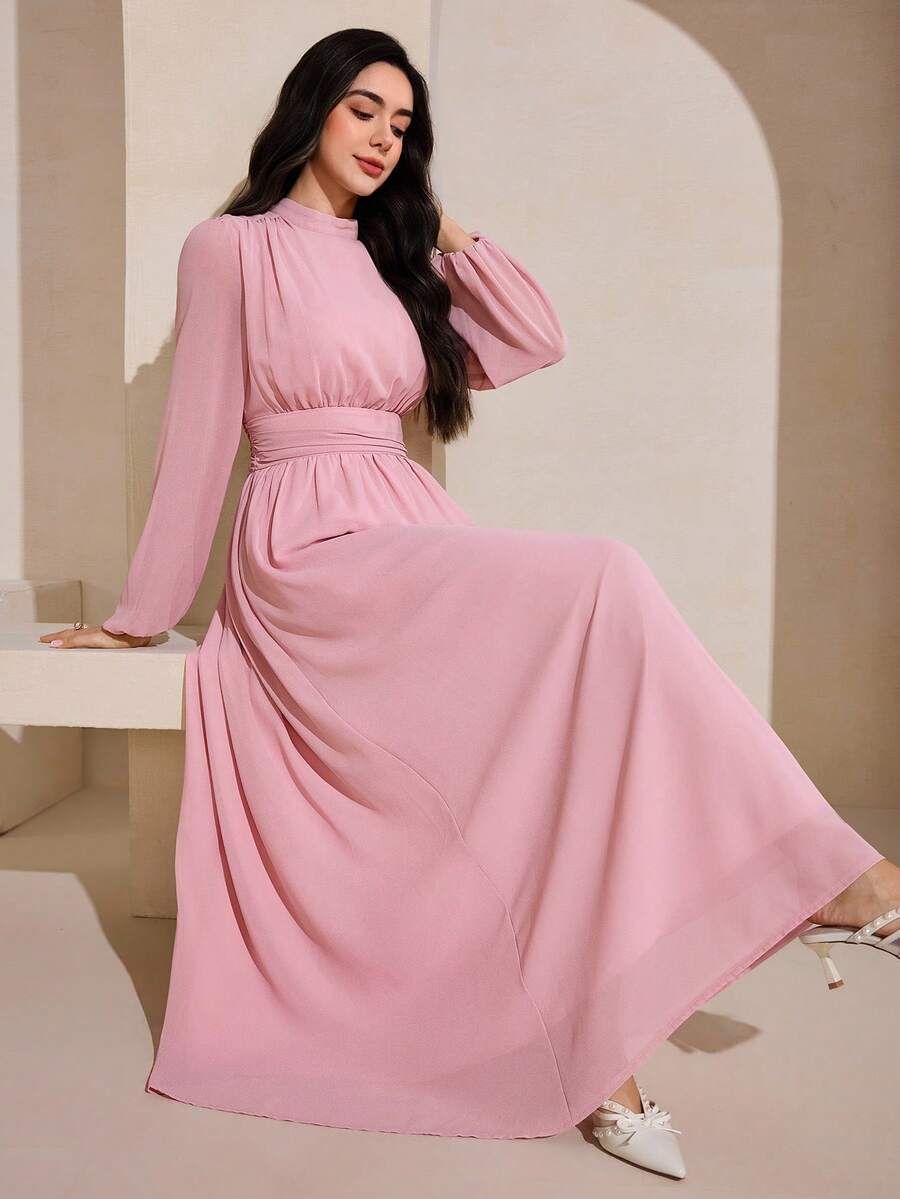 Graceveil Đầm dài bằng vải chiffon thanh lịch, cổ cao, eo xếp ly, thích hợp cho các dịp trang trọng và tiệc tùng. - Hồng - Xem 1