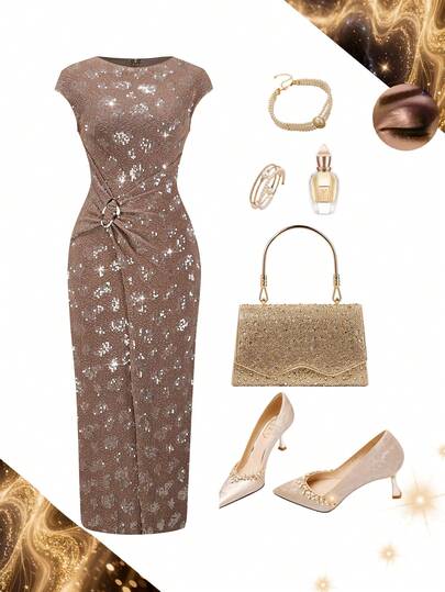 Ellevyn Women's Round Neck Metal Buckle Waist Beaded Cap Sleeve Dress