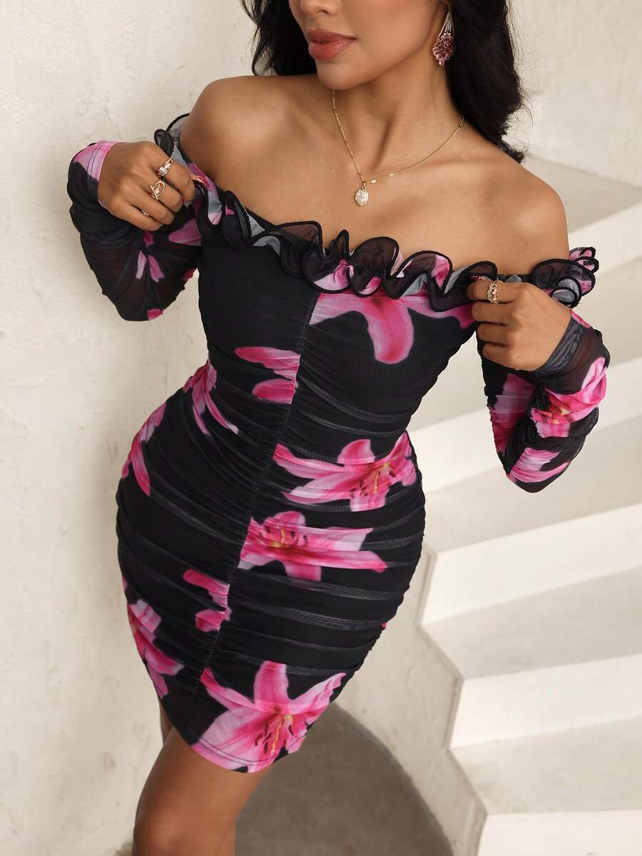 Modelyn Black Mesh Floral Print Ruffle Off Shoulder Pleated Waist Slim Elegant Sexy Summer Vacation French Style Dress For Women Women Sexy Dress Orchid Dress Sexy Curve Dress - Black - View 1