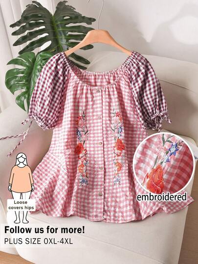 CosyJoli 大码圆领花瓣袖格子系带前襟纽扣荷叶边下摆衬衫