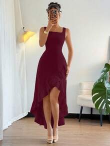 Rafferiza Women's Square Neck Ruffle Hem Asymmetric Dress Bridesmaid Bridal Wedding Guest - Burgundy - View 3