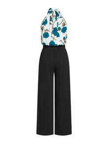 Ellevyn Plus Size Women's Elegant Floral Print Halter Top And Wide Leg Pants 2-Piece Set, Suitable For Vacation, Work, And Commute, Spring/Summer, Summer Outfits - Black - View 2