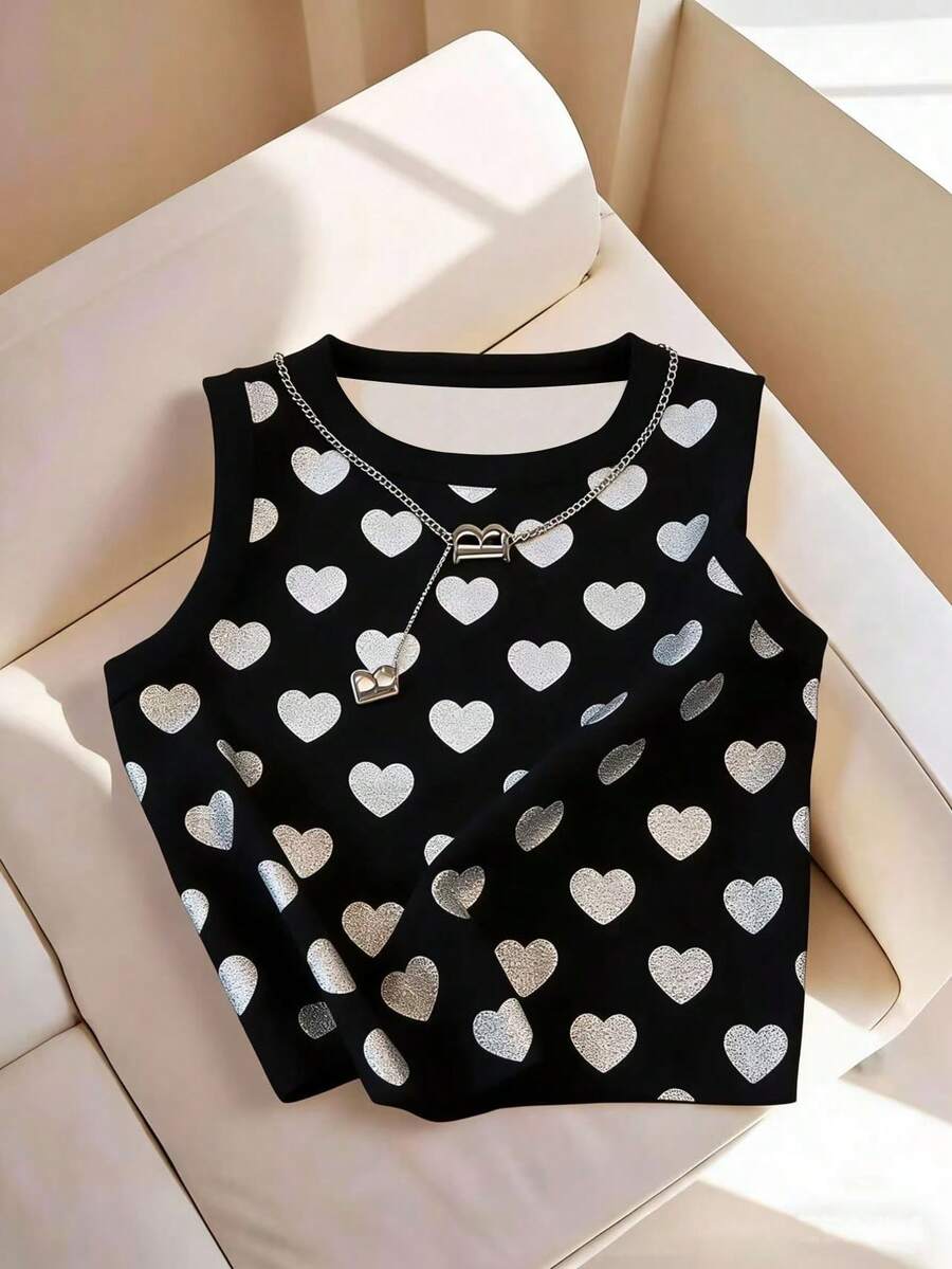 Resyla New Fashion Women's Heart Print Black Sleeveless Tank Top, Summer - Multicolor - View 1