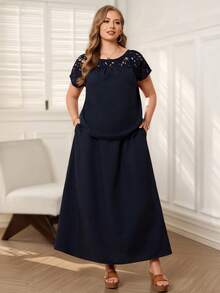EMERY ROSE 2pcs Set Plus Size Women's Summer Casual Navy Blue Lace Trim Back Design Shirt Top And Long Skirt Two Pieces Set With Pockets, Tea Party Holiday Outfits - Navy Blue - View 5