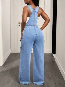 Slaydiva Women's Casual Versatile Everyday Pocketed Denim Jumpsuit With Wide Leg - Blue - View 2