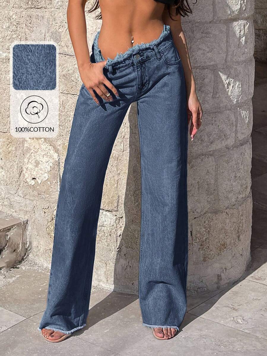 EURMUSE 100%Cotton Rigid, Belt Detailed Wideleg Fit - Light Wash - View 1