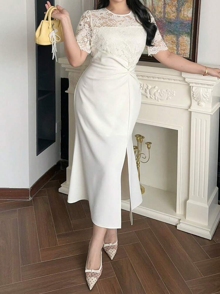 Dazy Plus Plus Size Women Crew Neck Lace Ruffle Waist Elegant Party Dress Sundress