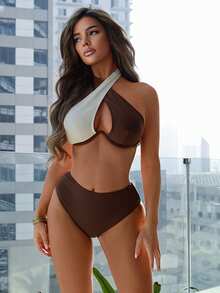 Swim SXY 女士棕白拼接交叉高腰性感比基尼套装，适合海滩度假 - 棕色 - 查看 5