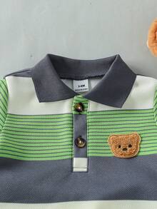Souflis Souflis Bộ áo polo tay ngắn và quần short kẻ sọc không đều, dễ thương cho bé trai sơ sinh, thêu hình gấu, thích hợp cho mùa hè. - Nhiều màu - Xem 8