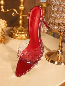 CUCCOO TILAWA Red Rhinestone Transparent Strap Sandals, Sexy Bridal High Heel Shoes, Fashionable Open Toe Slip-On Sandals For Women - Red - View 6