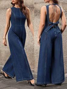 Selenza Bộ jumpsuit denim không tay hở lưng, thời trang thường ngày dành cho nữ cỡ lớn - Màu xanh lam - Xem 1