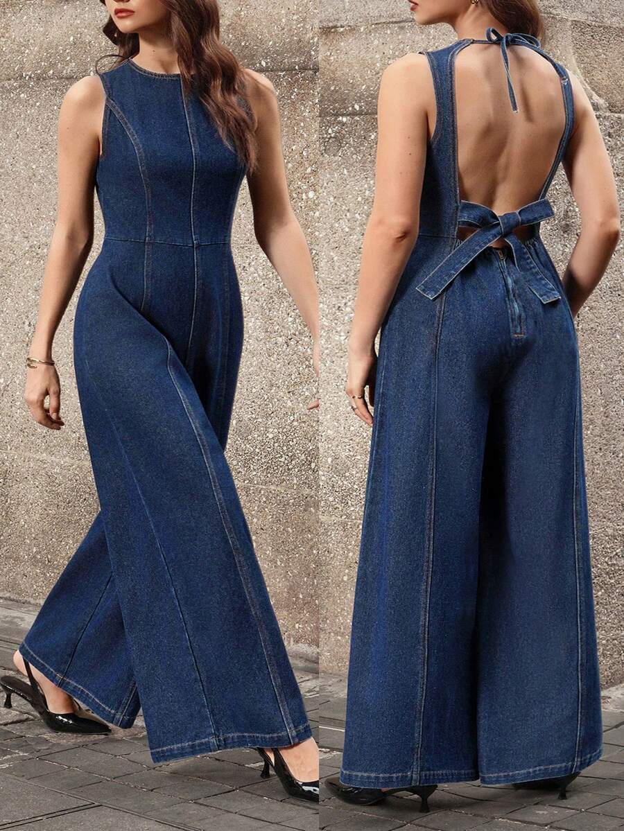 Selenza Bộ jumpsuit denim không tay hở lưng, thời trang thường ngày dành cho nữ cỡ lớn - Màu xanh lam - Xem 1