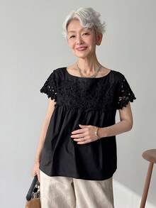 FRIFUL Blusa holgada y versátil de unicolor negro con parches y tela de encaje 3D plisada, para primavera/verano - Negro - Ver 5