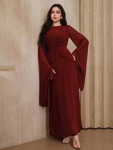 Graceveil Women's Elegant Burgundy Long Sleeve Dress,Autumn Modest Dining Twist Front Pleated Round Neck Fitted Solid Color Maroon Dark Red Dress - Brown - View 5