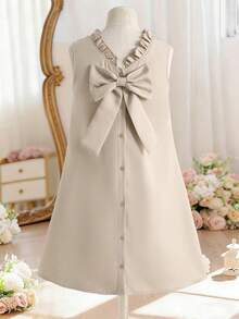 SHEIN Tween Girl Casual Elegant Frill Collar, Bow Back Decor Button Down Sleeveless Woven Solid Color Dress, French Vintage Style,Kids - Apricot - View 8