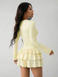 SHEIN PETITE Đầm dài tay màu đen trơn thanh lịch dành cho nữ, có bèo nhún ở gấu váy. - Vàng nhạt - Xem 3