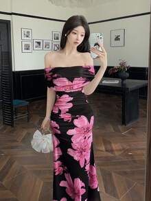 Modelyn 女士碎花印花露肩褶皱腰身优雅连衣裙，适合婚礼、约会等场合 - 黑色 - 查看 7