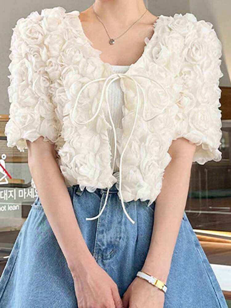 Women's Elegant French Style 3D Rose Flower Tie Front Short Sleeve Blouse
