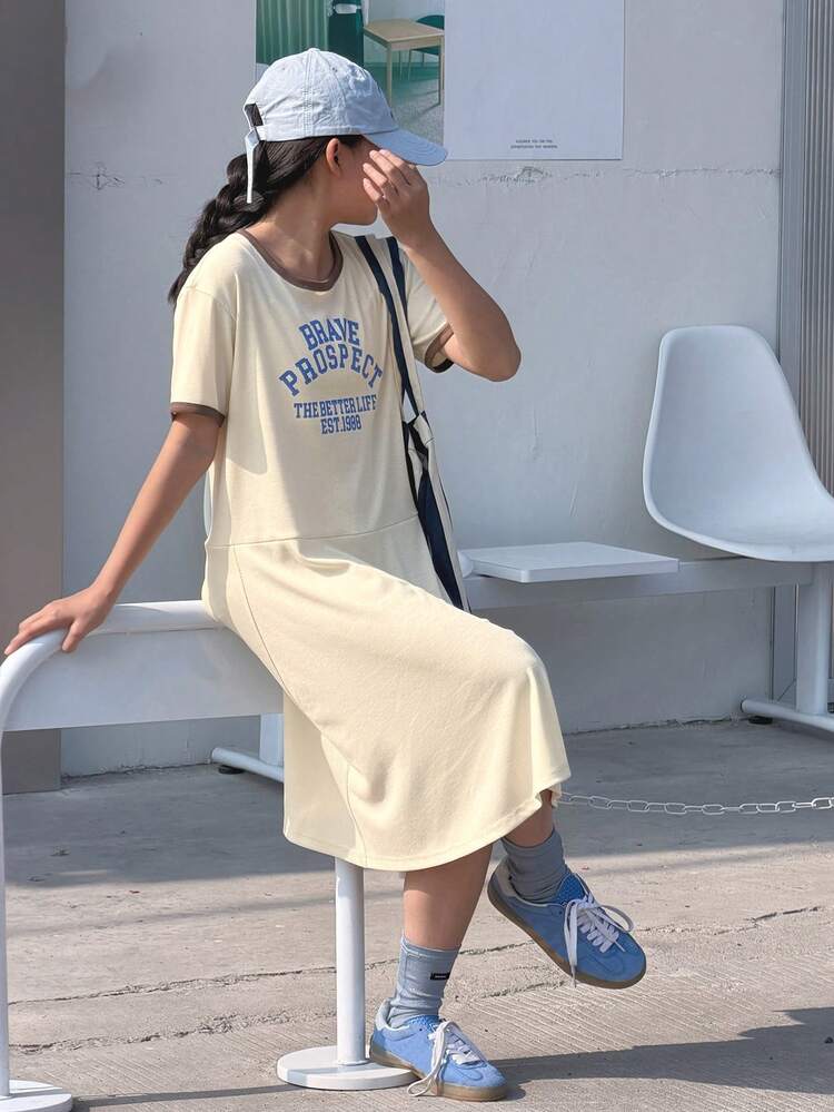 Tween Girls Crew Neck Knit Printed Short Sleeve Casual Dress