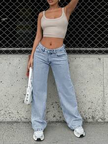 100%Cotton Petite Low Waist Wide Leg Jeans - Baby Blue - View 4