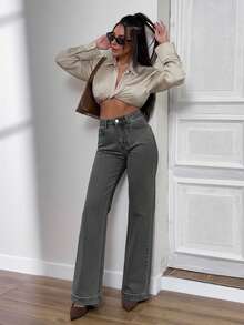 EURMUSE HIGH WAIST STRAIGHT JEAN PANT STYLE CASUAL - Grey - View 5