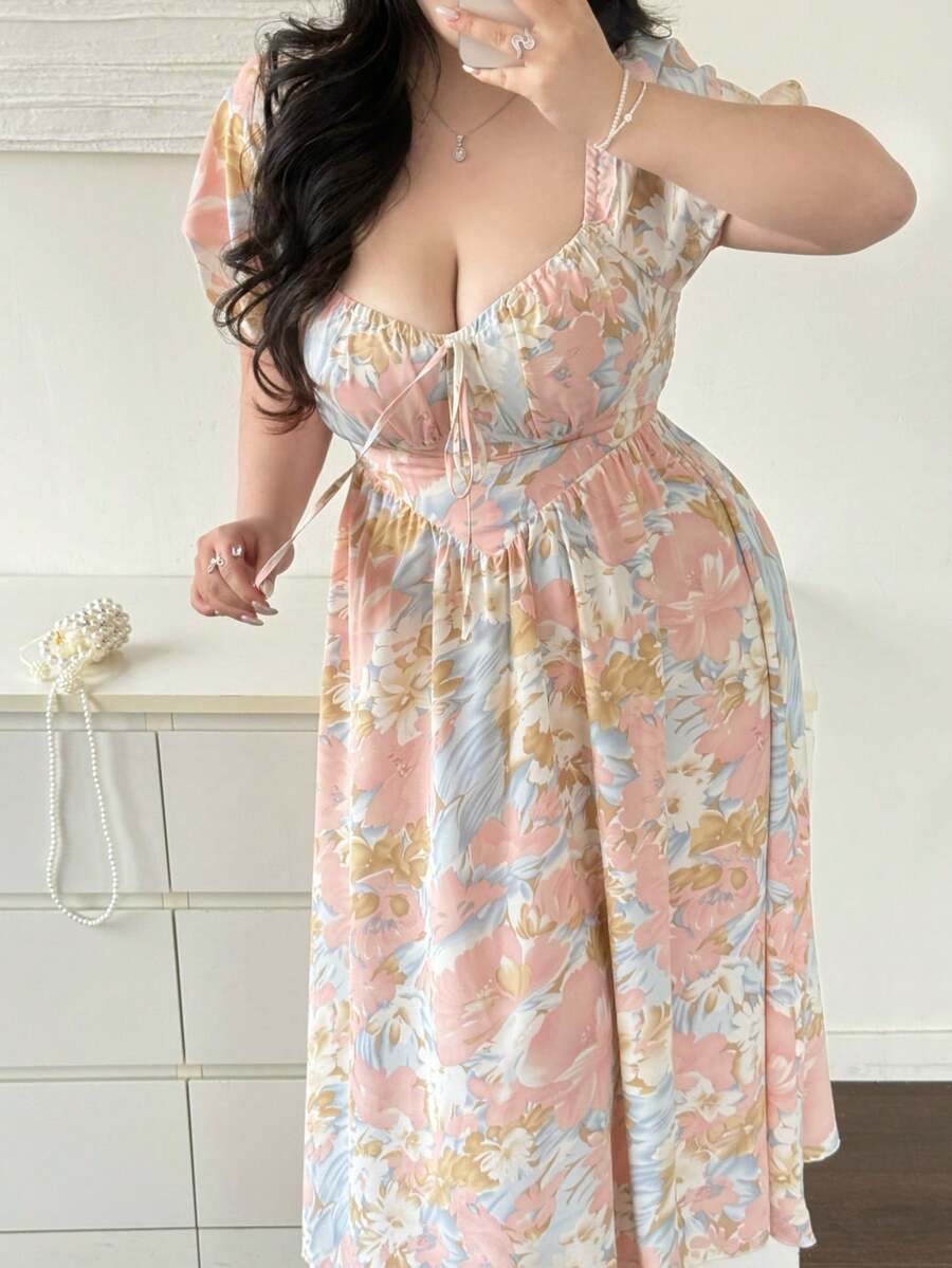 Vibekara Elegant Vintage French Vibrant Colorful Dopamine Oil Painting Print Puff Sleeve Off-The-Shoulder Convertible Neck Cinched Waist A-Line Maxi Sundress For Vacation - Multicolor - View 1