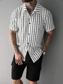 SLATEMANN Men's Casual Striped Short Sleeve Shirt, Summer - Black and White - View 4