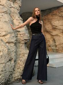 MOTF PREMIUM WOMEN'S METAL DECOR LONG WIDE-LEG JEANS, AUTUMN/WINTER - Blue - View 3