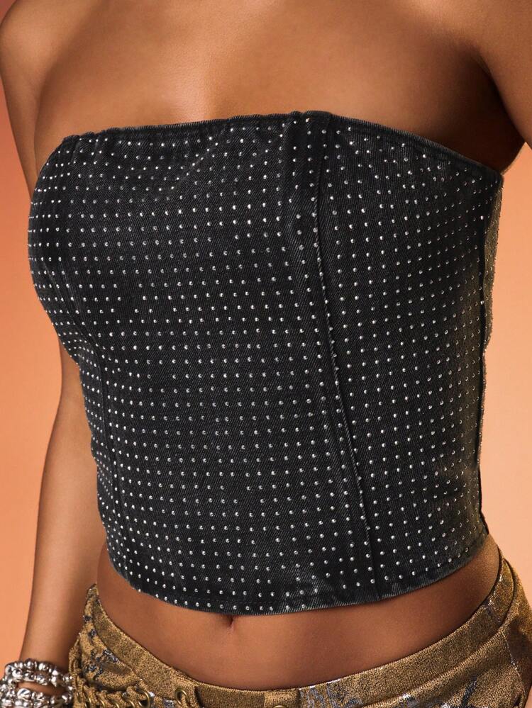 MISSGUIDED 핫 픽스 다이아몬드 스터드 반도 코르셋 탑 스트랩리스 클럽 페스티벌 파티