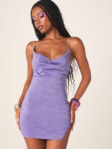 MISSGUIDED Shimmer Chain Strap Cowl Neck Open Back Bodycon Mini Dress Party Evening Formal Celebration - Purple - View 6
