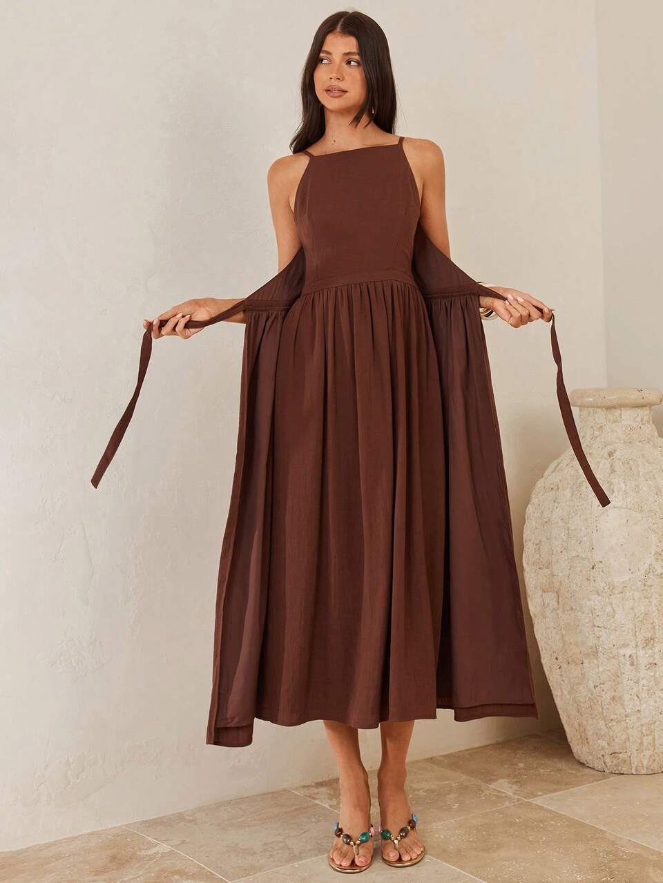 Enchnt Women's Coffee Brown Summer Casual Halter-Neck Square Neck Fitted Waist Linen Long Dress,Simple Pocket Tie Vacation Holiday Beach Elegant Dresses