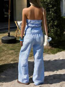 Pariaura Summer Fresh Blue & White Gingham Halter Co-Ord Set – Hot Girl Style Deep V Drawstring Crop Top & Wide-Leg Pants Two Pieces | Ruffled Ruched Design | Lightweight Breathable Fabric Perfect For Vacations - Blue - View 2
