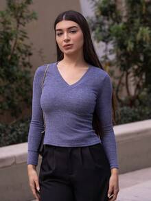 Andrea Bello 女式秋冬街头服饰文艺复兴博览会基本款罗纹针织保暖/寒冷天气/保暖弹力长袖 V 领 T 恤 - 藍色 - 查看 1