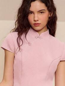 lacRébo Elegant Festive Red Tweed Mandarin Collar Mini Dress Women's Pink Dress Short Sleeve Dress Dress With Mandarin Collar Spring Summer - Baby Pink - View 4