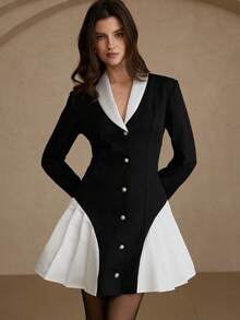 BELROSIE Abito blazer elegante e retrò in stile francese, con colletto Peter Pan, decorazione con bottoni di perle, vita svasata, vestibilità slim, manica lunga, lunghezza corta - Bianco e nero - Visualizzare 3